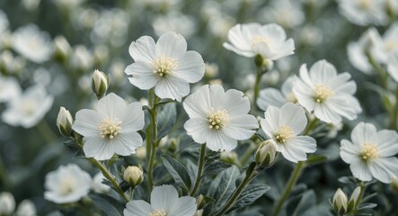 Aufkleber - White flowers blooming in a lush green garden with soft natural lighting and blurred background Copy Space