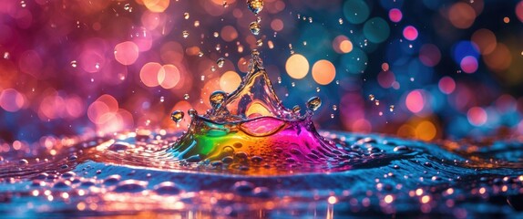 Sticker - Colorful water drops creating a vibrant bokeh background with vivid reflections and light play in a serene water droplet landscape.