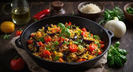 Wall Mural - Vegetable fried rice in a cast iron skillet surrounded by fresh ingredients on a wooden table with copy space for text