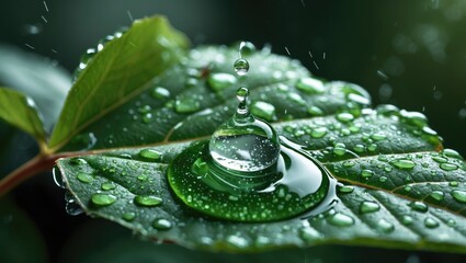 Poster - close-up of water droplets on a vibrant green leaf reflecting light in a serene natural setting high