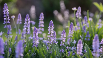 Aufkleber - Lavender flowers in soft focus with green foliage natural background, featuring sunlight illumination and vibrant purple color tones, Copy Space