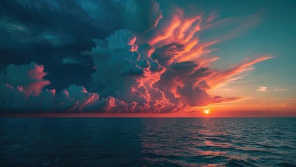 Wall Mural - Dramatic sunset over calm ocean with vibrant clouds reflecting hues of orange and blue in North Asia's natural landscape.