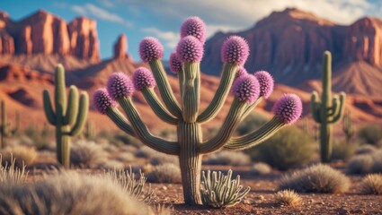 Wall Mural - cacti in bloom at desert landscape with mountains and blue sky underneath vibrant spring colors and 