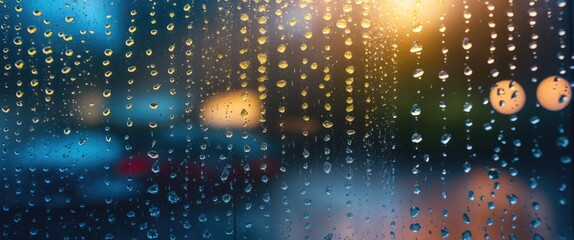 Aufkleber - Raindrops on a window with dreamy bokeh lighting creating a soothing abstract background during a rainy season atmosphere.