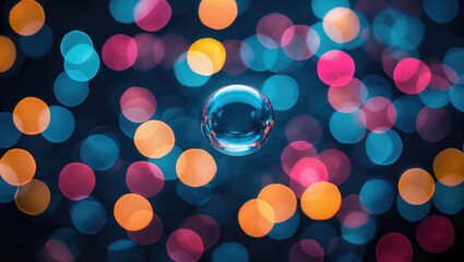 Aufkleber - vibrant bokeh circles with a dark background featuring a crystal-clear bubble in the center creating