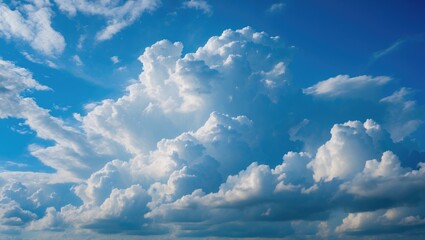 Wall Mural - fluffy white clouds in a blue sky with varying shades and contrasting light creating an atmospheric 