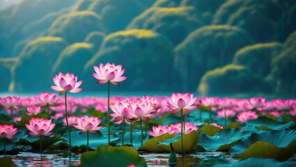 Wall Mural - Lotus flowers blooming on a serene lake surrounded by lush greenery under soft daylight in a natural environment