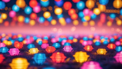 Aufkleber - Vibrant blurred lantern lights creating a colorful bokeh effect for festive background design with illuminating round shapes and depth.