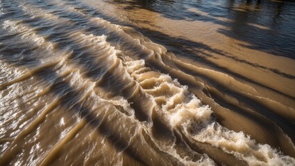 Wall Mural - Flowing river water with ripples and reflections under sunlight, capturing the movement and texture of the surface.