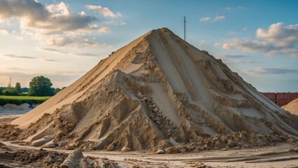 Poster - Sand mountain at construction site bathed in sunset light with clear blue sky and nearby greenery creating a serene landscape scene.