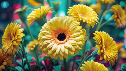 Sticker - Yellow gerbera daisies in full bloom with lush green foliage and vibrant background bokeh effect. Suitable for floral and nature themes.