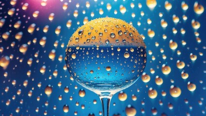 Aufkleber - rain droplets on glass surface with vibrant blue background creating a refreshing and artistic atmos
