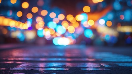 Aufkleber - Colorful bokeh lights create an abstract blurred street view background in a nighttime urban setting highlighting vibrant light reflections.