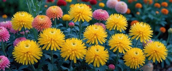 Wall Mural - vibrant garden scene featuring blooming yellow and pink chrysanthemum flowers creating a colorful fl