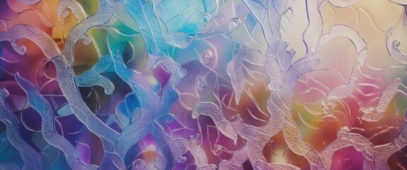 Wall Mural - Colorful abstract glass texture with swirls and patterns in vibrant hues of blue, purple, and pink.