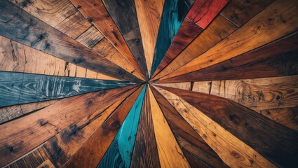 Aufkleber - Vibrant geometric pattern of assorted wooden planks creating a striking and colorful floor design in a rustic interior setting