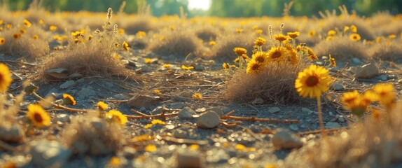 Sticker - Vibrant yellow flowers blooming amidst dry cracked earth in a sunlit summer landscape showcasing nature's resilience.