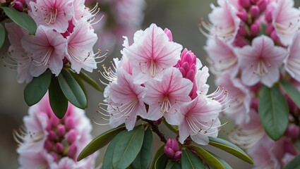 Wall Mural - elegant pink and white rhododendron blossoms in full bloom with lush green leaves in a natural garde