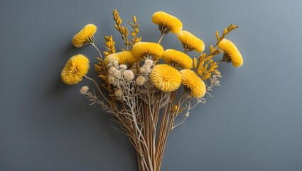 Sticker - Yellow dried flower bouquet with textured blooms and greenery against a blue wall background.