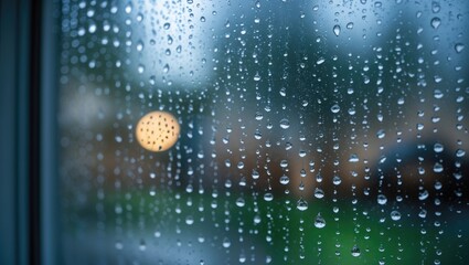 Aufkleber - rain droplets on glass window with blurred background showcasing a soft bokeh effect and vibrant gre