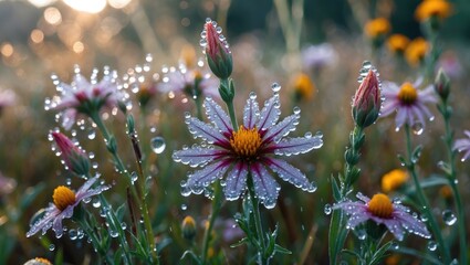 Wall Mural - dewdrops glisten on wildflowers in a vibrant natural setting showcasing the beauty of nature's flora