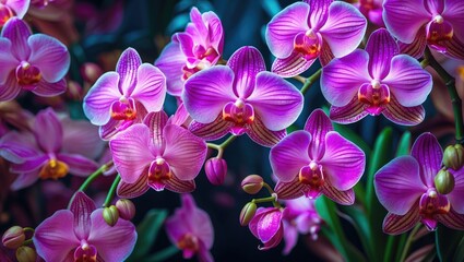 Wall Mural - Vibrant pink orchids with detailed petals and green foliage in a close-up arrangement on a dark background