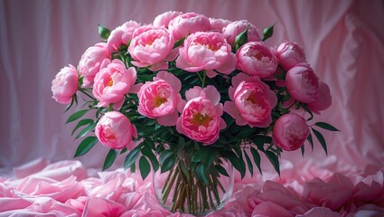 Wall Mural - Pink peony flower bouquet in glass vase with soft fabric background and scattered petals. Elegantly arranged floral still life image.