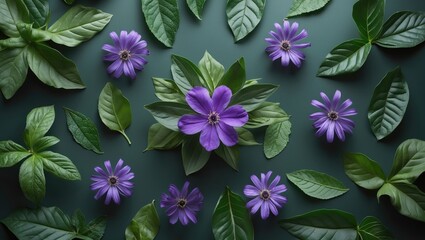 Sticker - Vibrant flat lay arrangement of lush green leaves and delicate purple flowers capturing the essence of nature's beauty and tranquility.