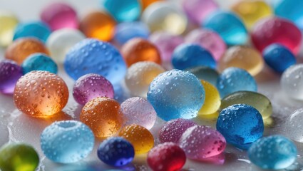 Aufkleber - Vibrant multicolored water beads with droplets showcasing texture and reflection on a surface for decorative and sensory purposes.