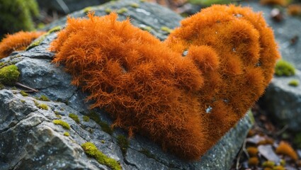 Wall Mural - Orange moss in heart shape growing on a rock surrounded by green moss and natural stone textures.