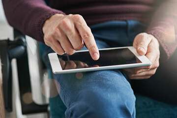 Poster - Screen, business and hands on person on tablet for networking, connection and internet in office. Startup, closeup and worker on digital tech for online project, research and website for planning