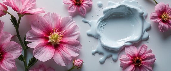 Wall Mural - Pink flowers surrounding a splash of white cream or paint on a light background with soft lighting and natural textures