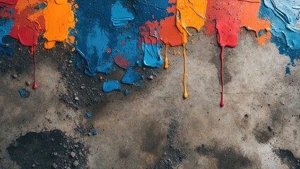 Aufkleber - Colorful abstract paint drips on a dirty concrete floor creating a vibrant textured background for artistic and design projects.