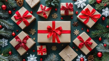 Sticker - Christmas themed flat lay of gift boxes with red ribbons surrounded by pine branches and holiday decorations on a dark green background