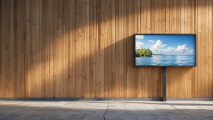 Fototapete - Modern interior space with wooden wall and mounted television displaying tranquil lake scenery and blue sky with clouds