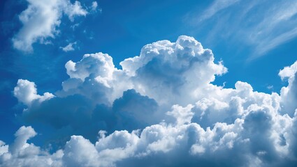 Wall Mural - cumulus clouds in a clear blue sky with soft sunlight illuminating the white fluffy formations and w