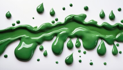 Aufkleber - Vibrant green paint droplets and splashes on a clean white background creating an artistic and dynamic visual effect.
