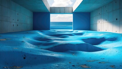 Aufkleber - Modern abstract interior space with vibrant blue concrete texture and large windows showcasing a serene ocean view. Ideal for design concepts.