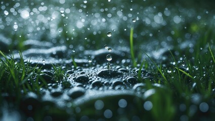 Aufkleber - Close-up of water droplets on grass blades creating a defocused abstract background with a serene natural ambiance