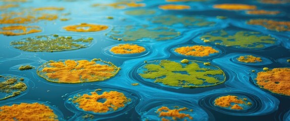 Aufkleber - Abstract cyanobacterial patterns on water surface create a vibrant natural painting with shades of blue, green, and orange in stunning detail.