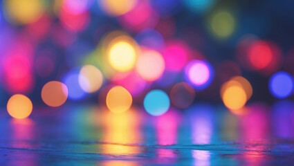 Wall Mural - Colorful bokeh lights abstract background with blurred reflections on a surface in vibrant hues of blue, pink, yellow, and green