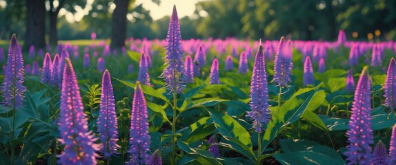 Poster - Vibrant field of purple flowering plants surrounded by lush greenery in a serene park setting during golden hour.