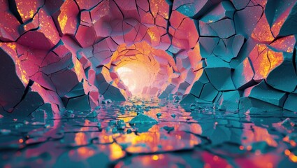Aufkleber - Abstract colorful tunnel of cracked stones reflecting light with water, creating a surreal and captivating landscape scene.