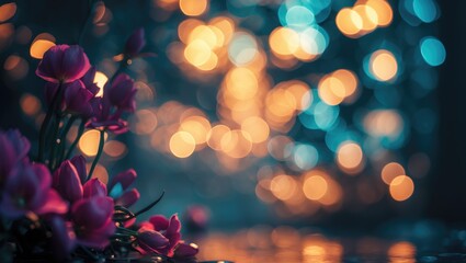 Aufkleber - Bokeh background with vibrant blue and orange lights illuminated by flowers in the foreground creating a dreamy atmospheric effect.