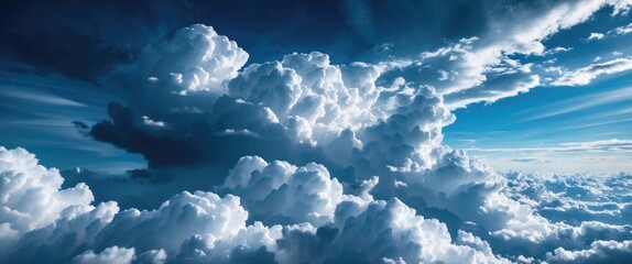 Wall Mural - dramatic cloud formations in a bright blue sky with sunlight illuminating the fluffy clouds from abo