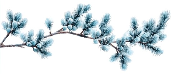 Aufkleber - Blue spruce branch with cyan-tinted needles and cones on a clean white background, extending diagonally from left to right, showcasing natural beauty.