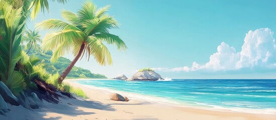 Aufkleber - Tropical beach scene featuring a lush green palm tree on sandy shore, bright blue ocean waves, and calm azure sky with fluffy clouds.
