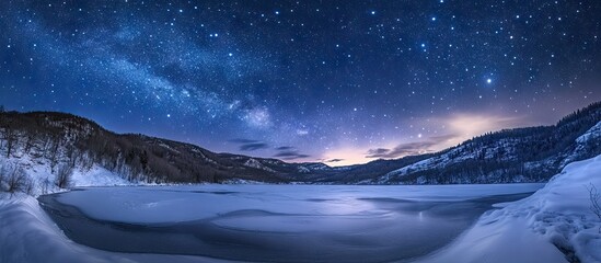 Poster - Panoramic view of a winter landscape with a frozen lake under a starry sky in shades of blue and white, featuring mountains in the background.