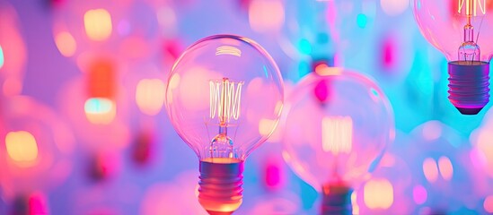 Aufkleber - Colorful vintage light bulbs glowing in a warm pink and blue atmosphere with a blurred background, creating an inviting, nostalgic ambiance.