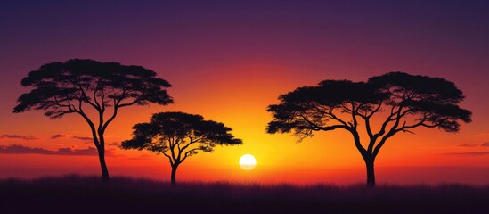 Aufkleber - Silhouette of three acacia trees against a vibrant sunset with deep orange, purple, and dark blue gradients filling the sky.